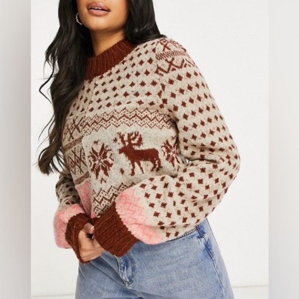 L❣️Free People Brown and Pink Crew Neck Sweater
